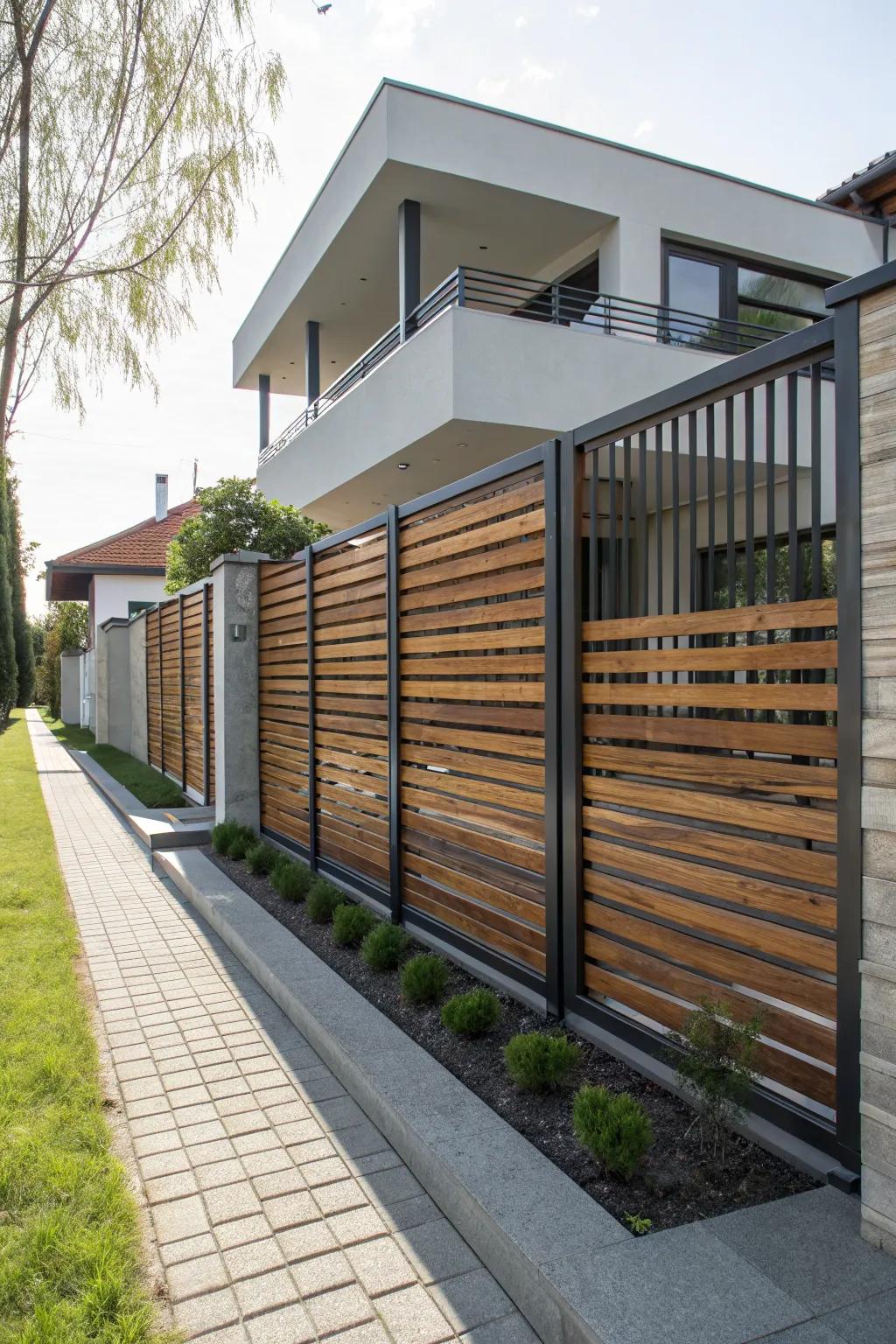 The perfect blend of metal and wood for a contemporary fence.