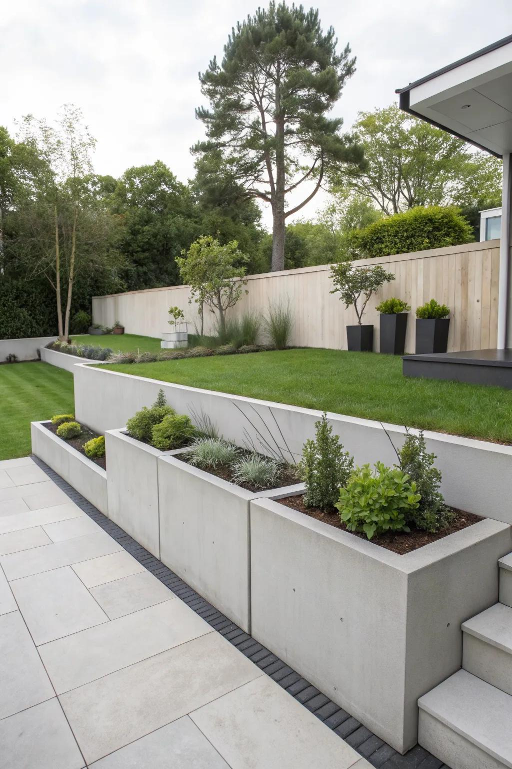 Modern minimalism offers a sleek look with integrated planters.