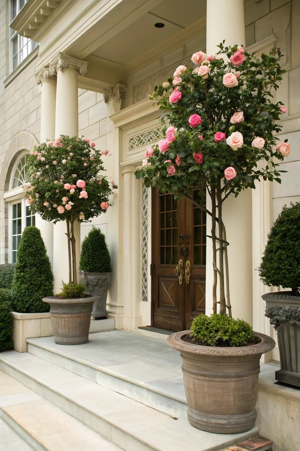Tree roses adding elegance to a front porch.