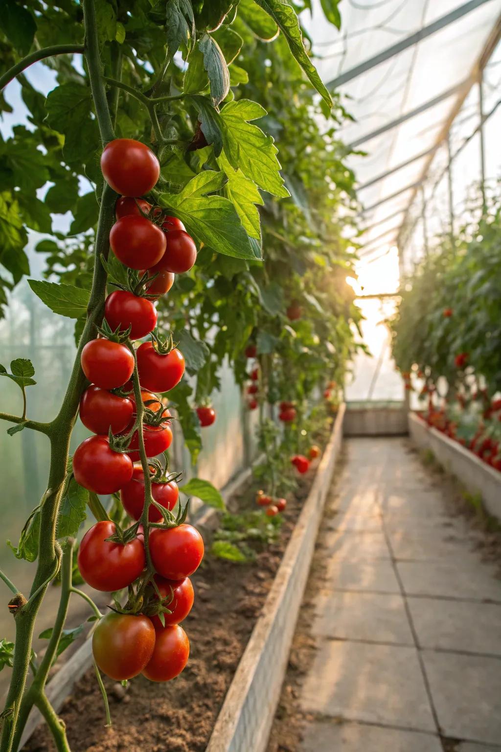 Plump tomatoes basking in the warmth of a greenhouse, promising a delicious harvest.