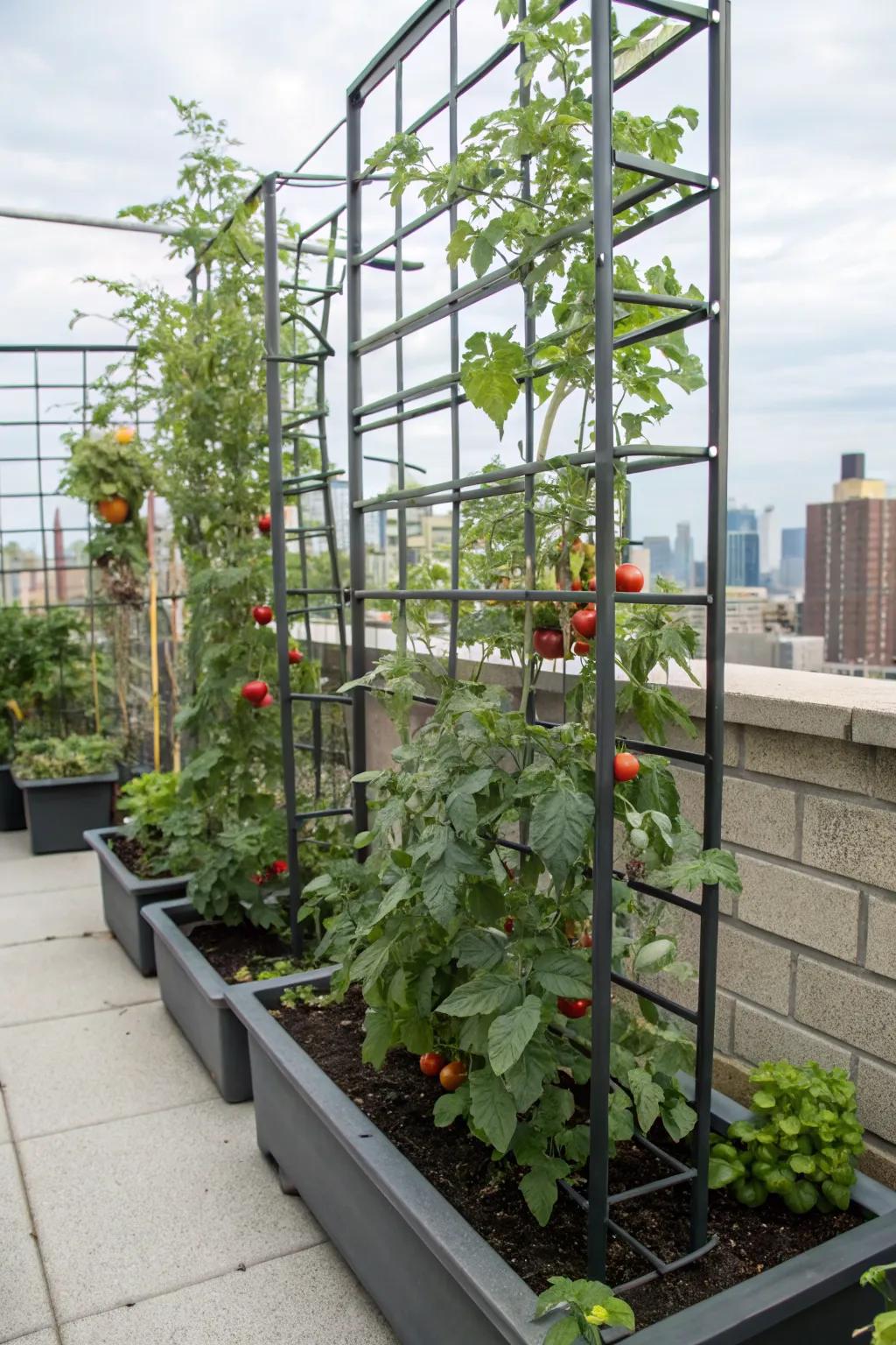 Maximize your garden space with a modern vertical metal grid trellis.