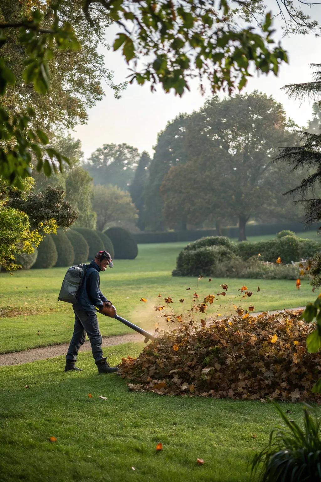 Effortlessly tidy up your garden with the power of a leaf blower.