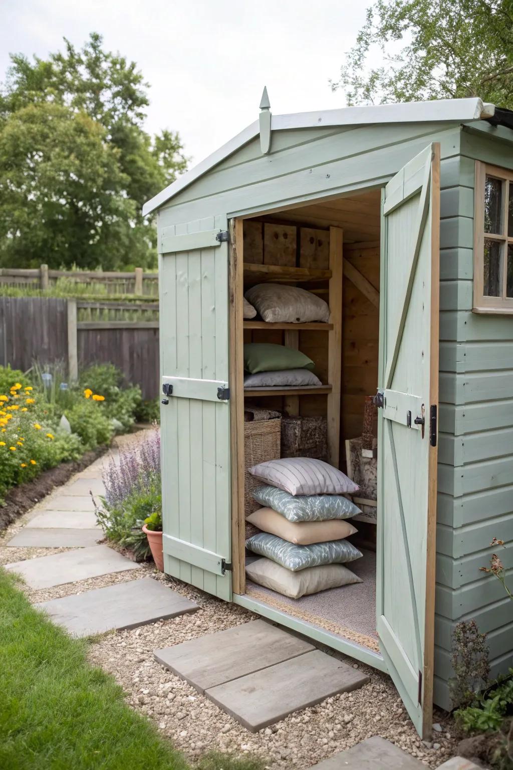 A charming garden shed offering ample storage for outdoor cushions