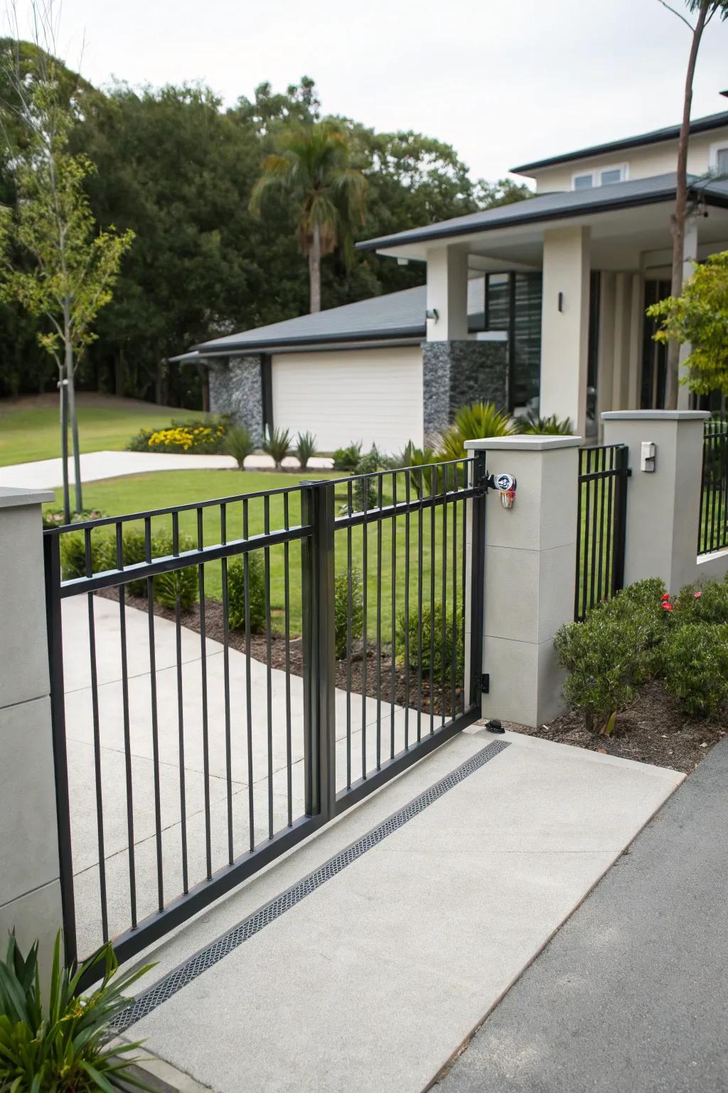 A modern metal bifold gate offers a sleek and stylish entrance.