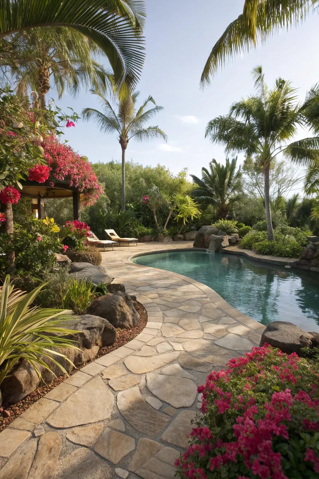 Create a tropical oasis with lush landscaping and vibrant colors.