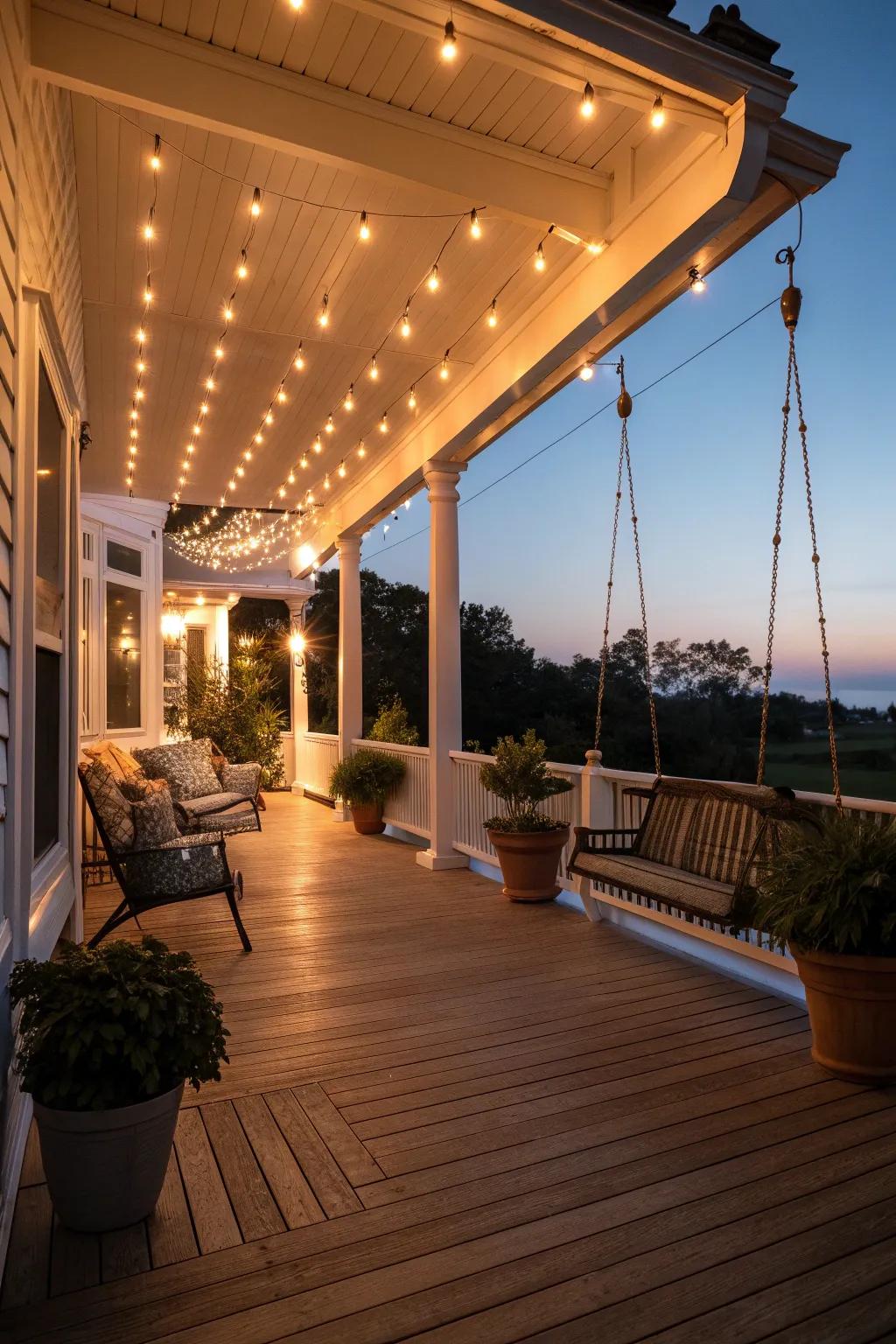 String lights add warmth and charm to any porch setting.