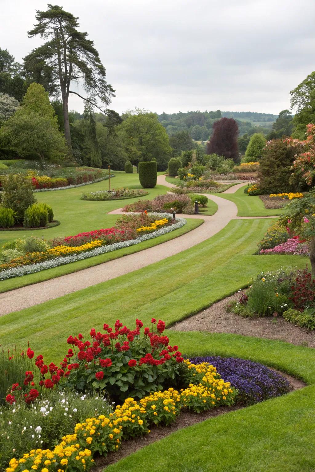 A lush, green lawn framed by vibrant flower beds and winding garden paths.