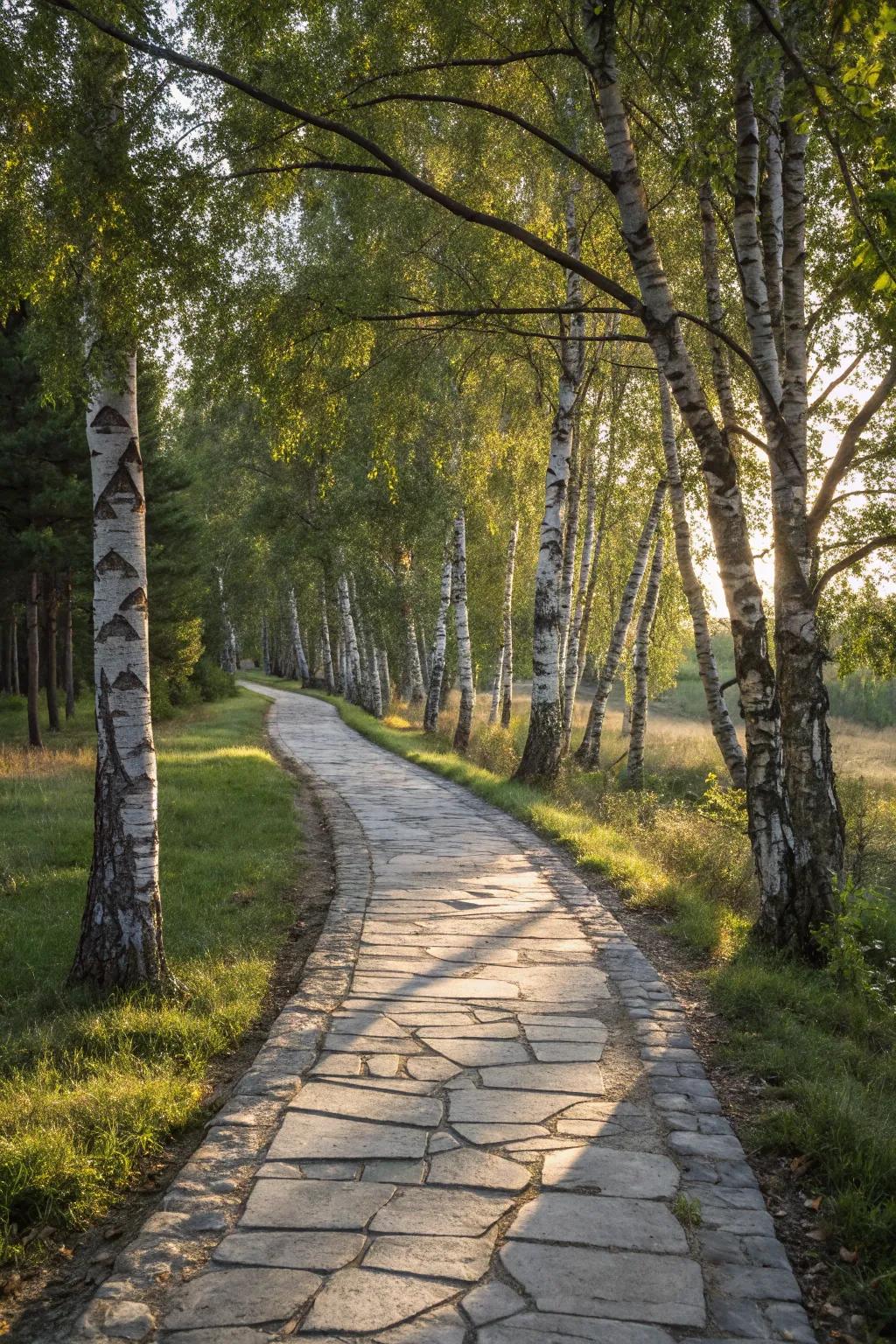 A stone pathway through birch trees invites tranquil strolls.