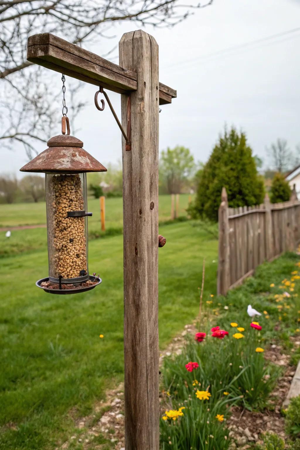 DIY wooden post adds a rustic charm to bird feeding.