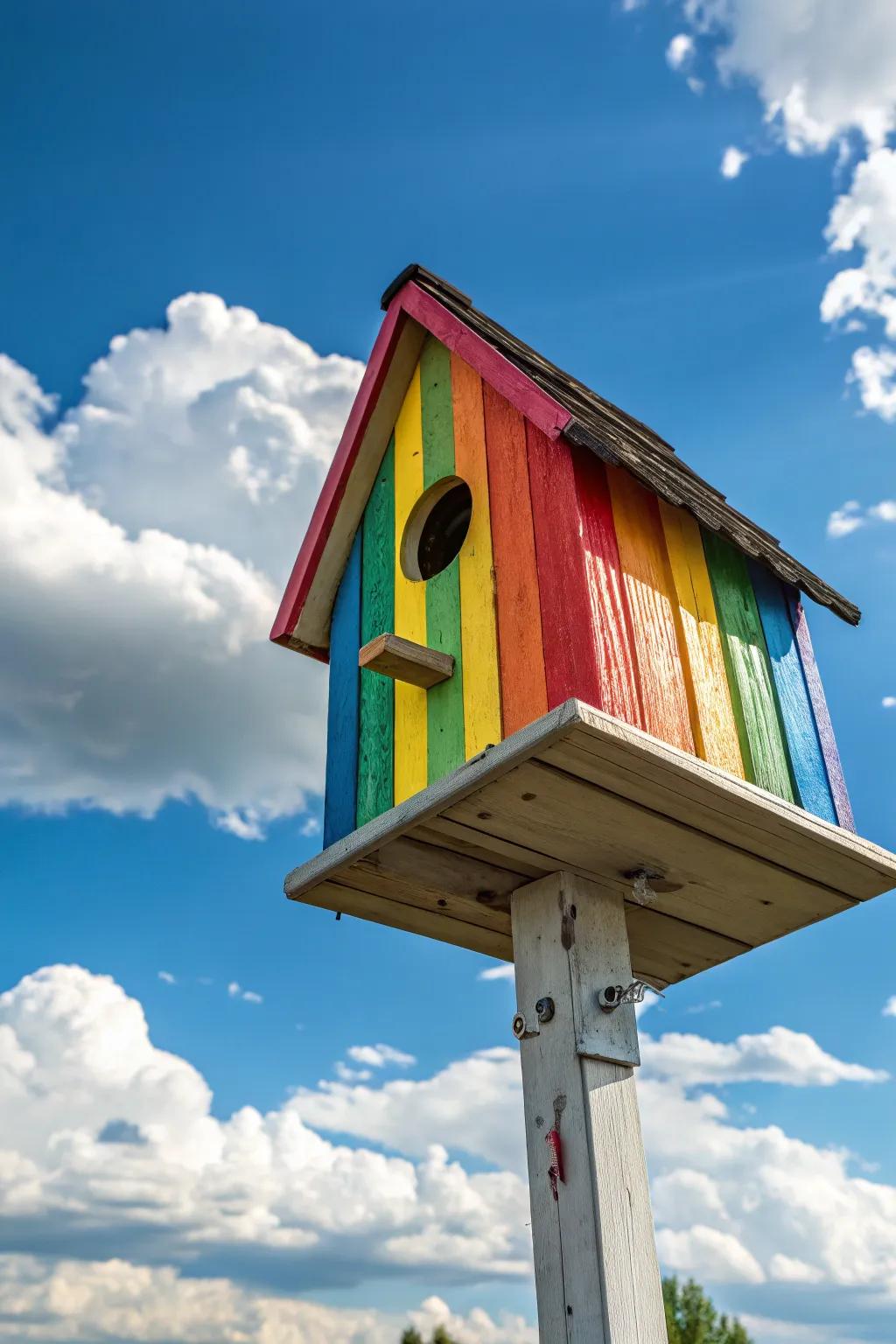 A brightly colored birdhouse adding a pop of color to the garden.