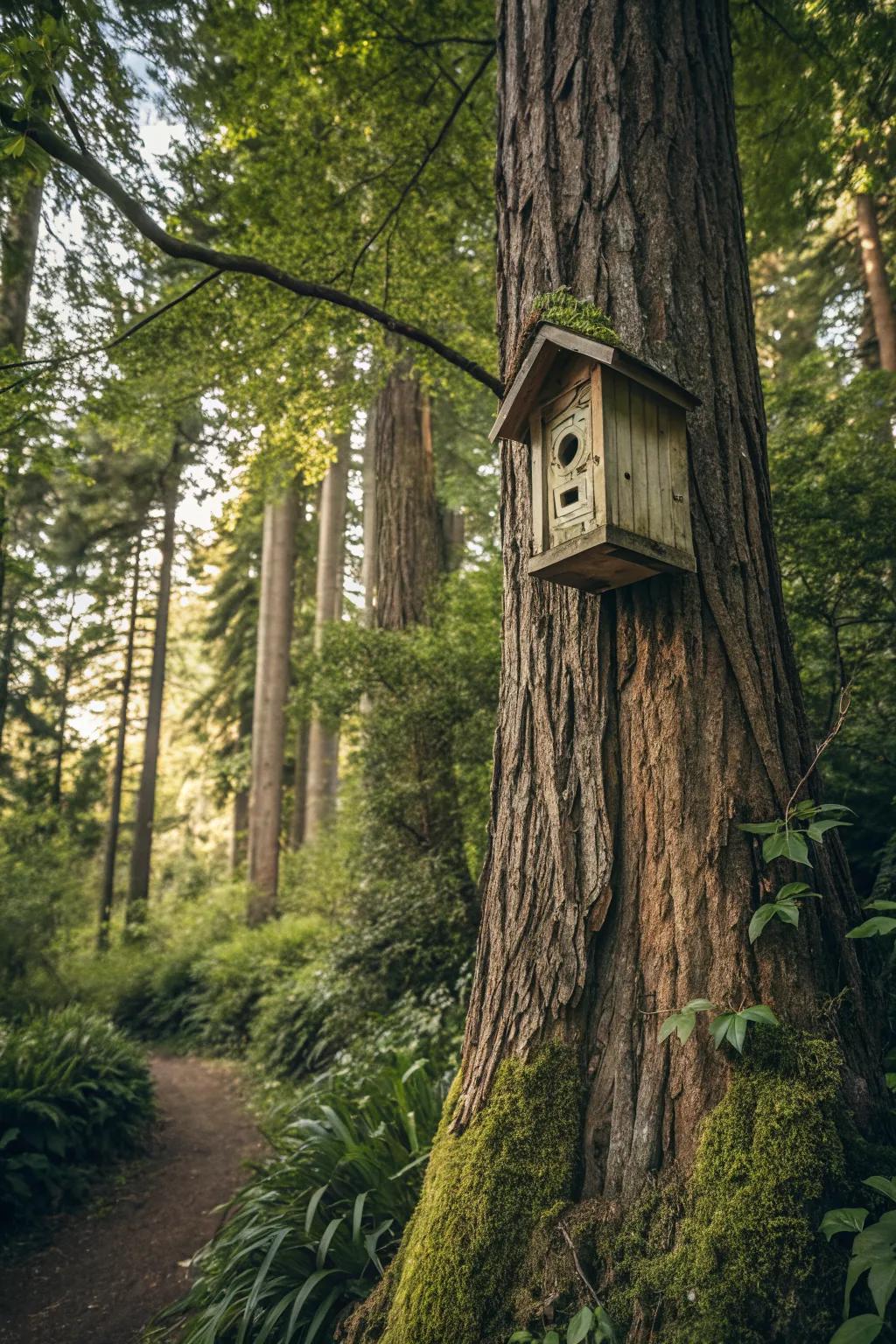 A tree-mounted birdhouse seamlessly integrates with its woodland surroundings.