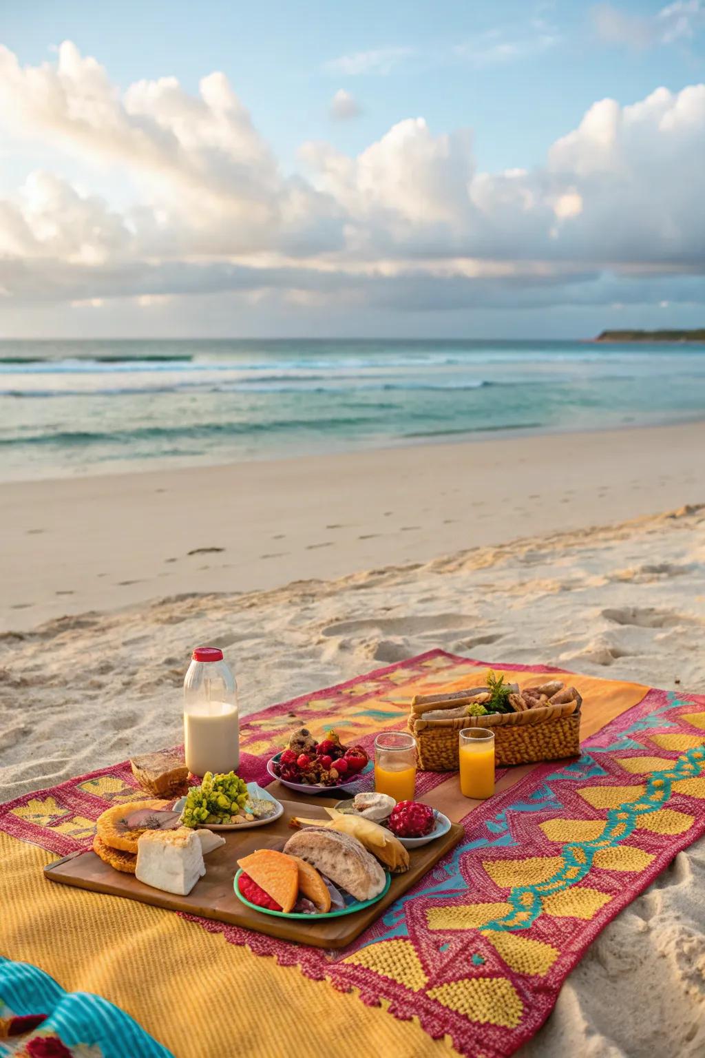 A picturesque beach picnic with a colorful blanket and the ocean in the background.