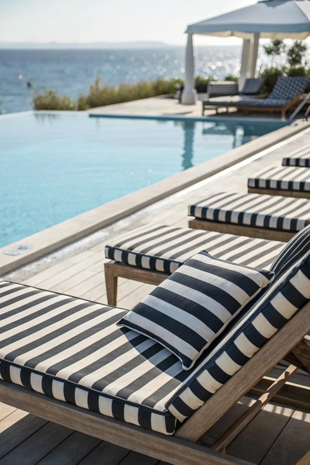 Luxurious poolside loungers with black and white stripes.