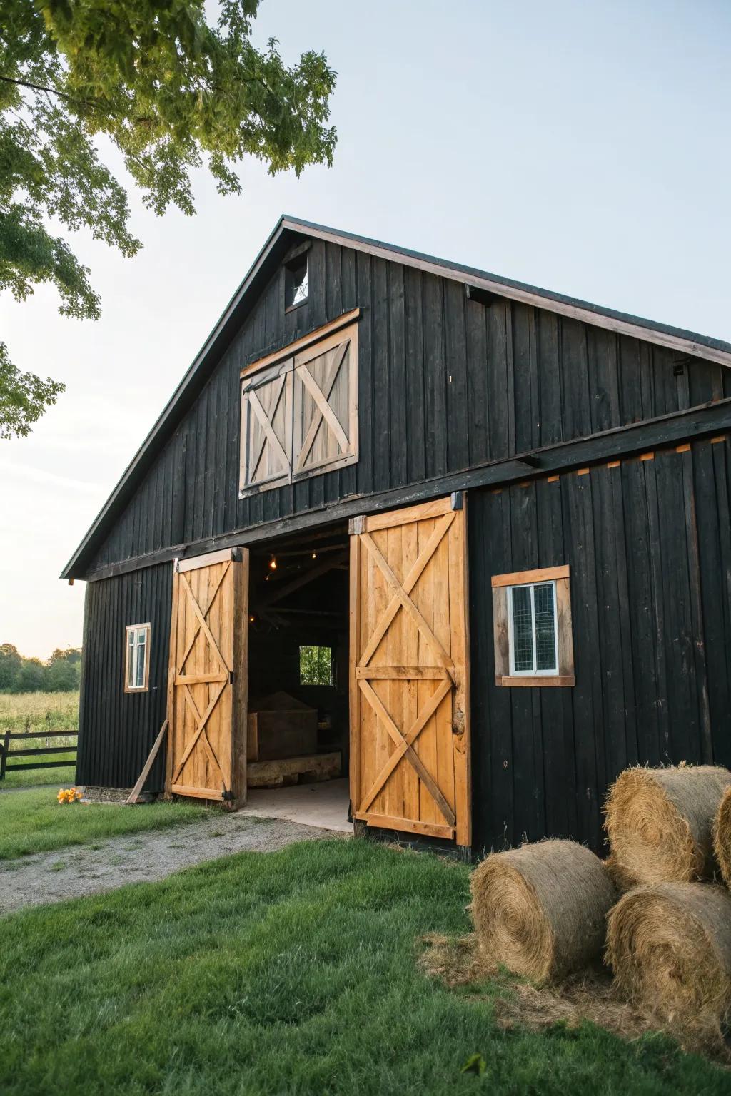 A black barn with wooden sliding doors adding rustic charm.
