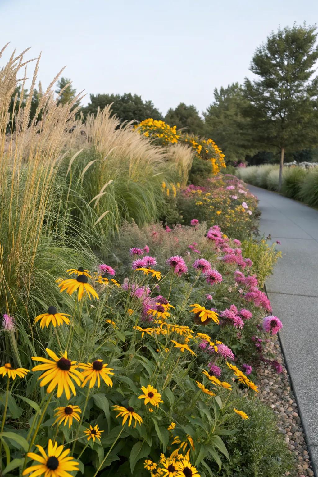 A vibrant mix of black-eyed Susans and perennials.
