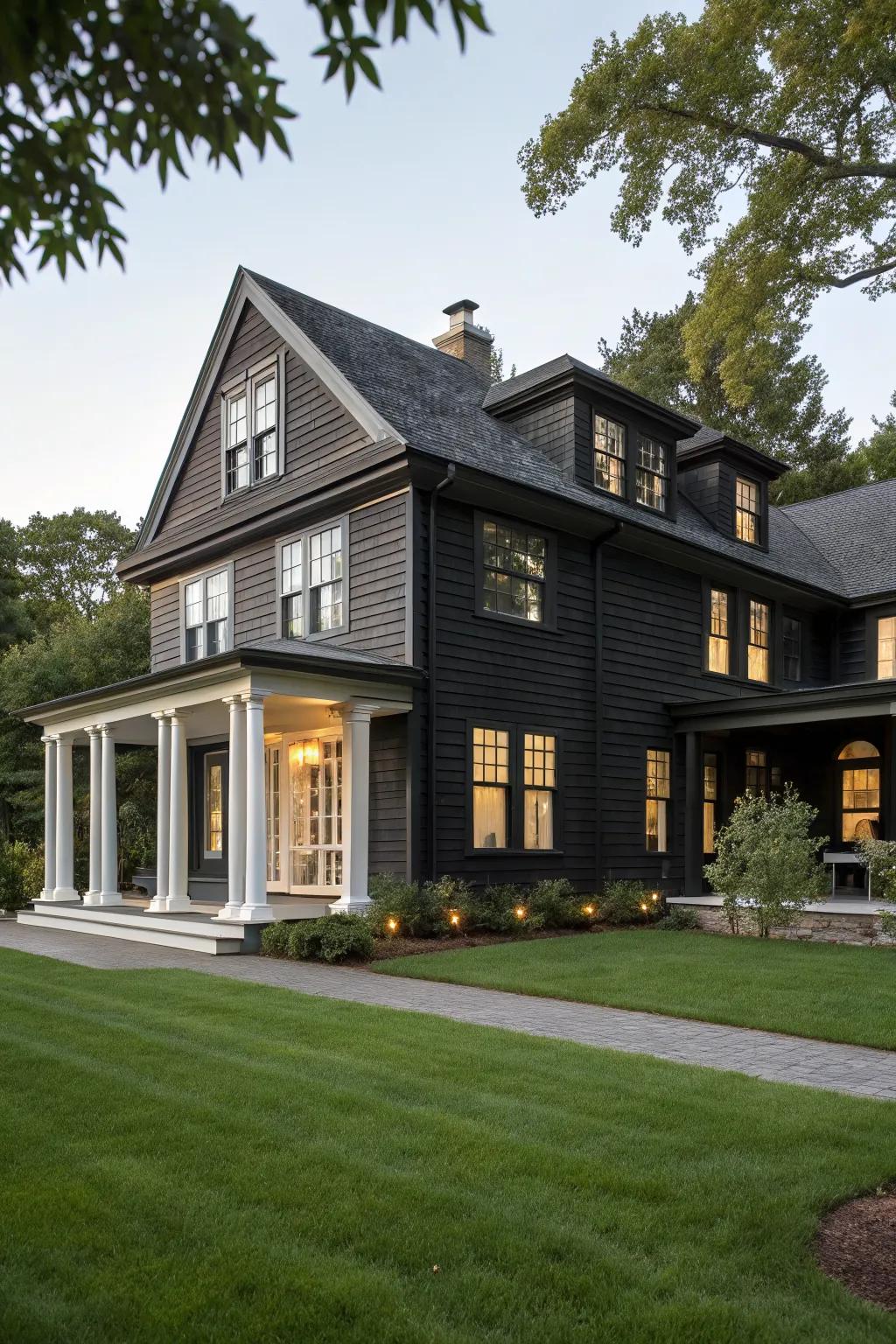 A black house that marries classic design with modern elegance.