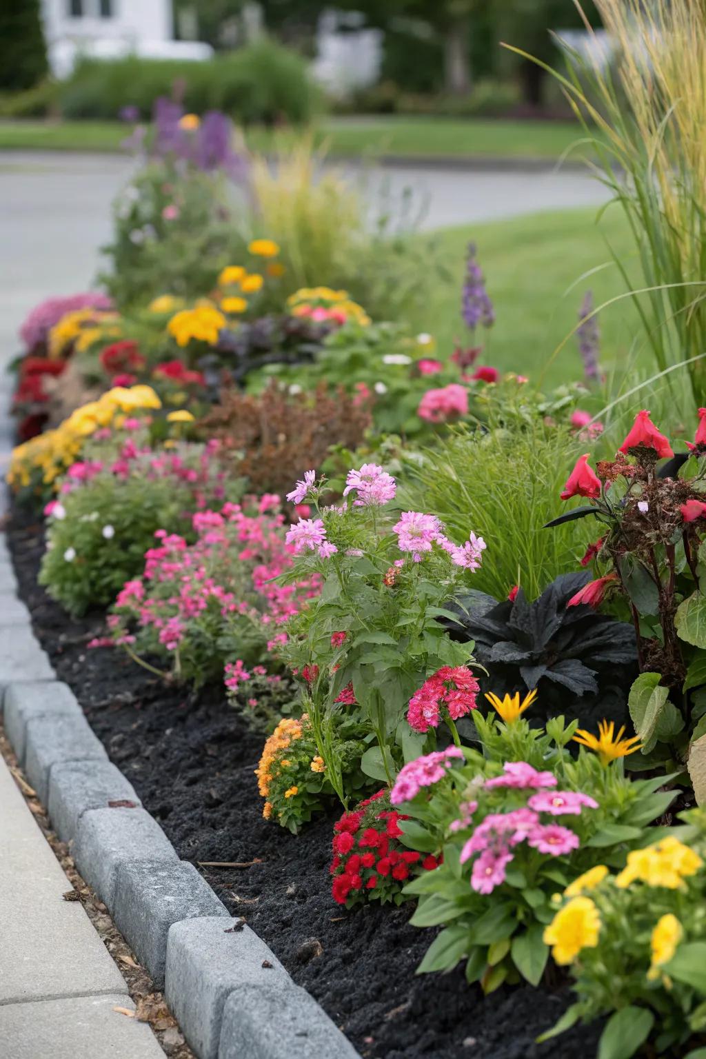 A vibrant flower bed enhanced by the elegance of black mulch.