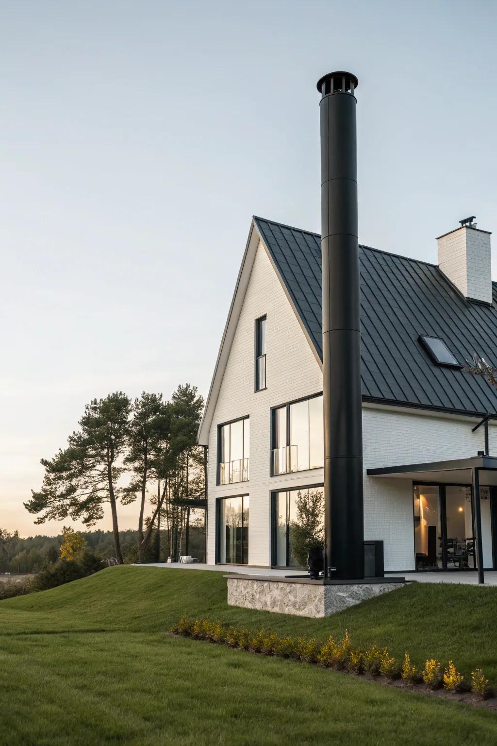 Sleek lines and a black chimney add a modern touch to this home.
