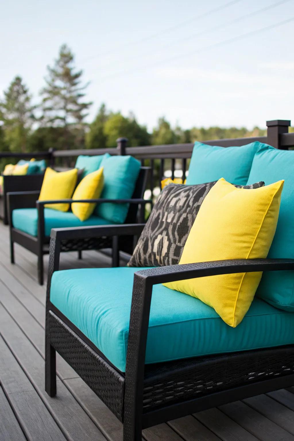 Bright cushions provide a striking contrast to black patio furniture.