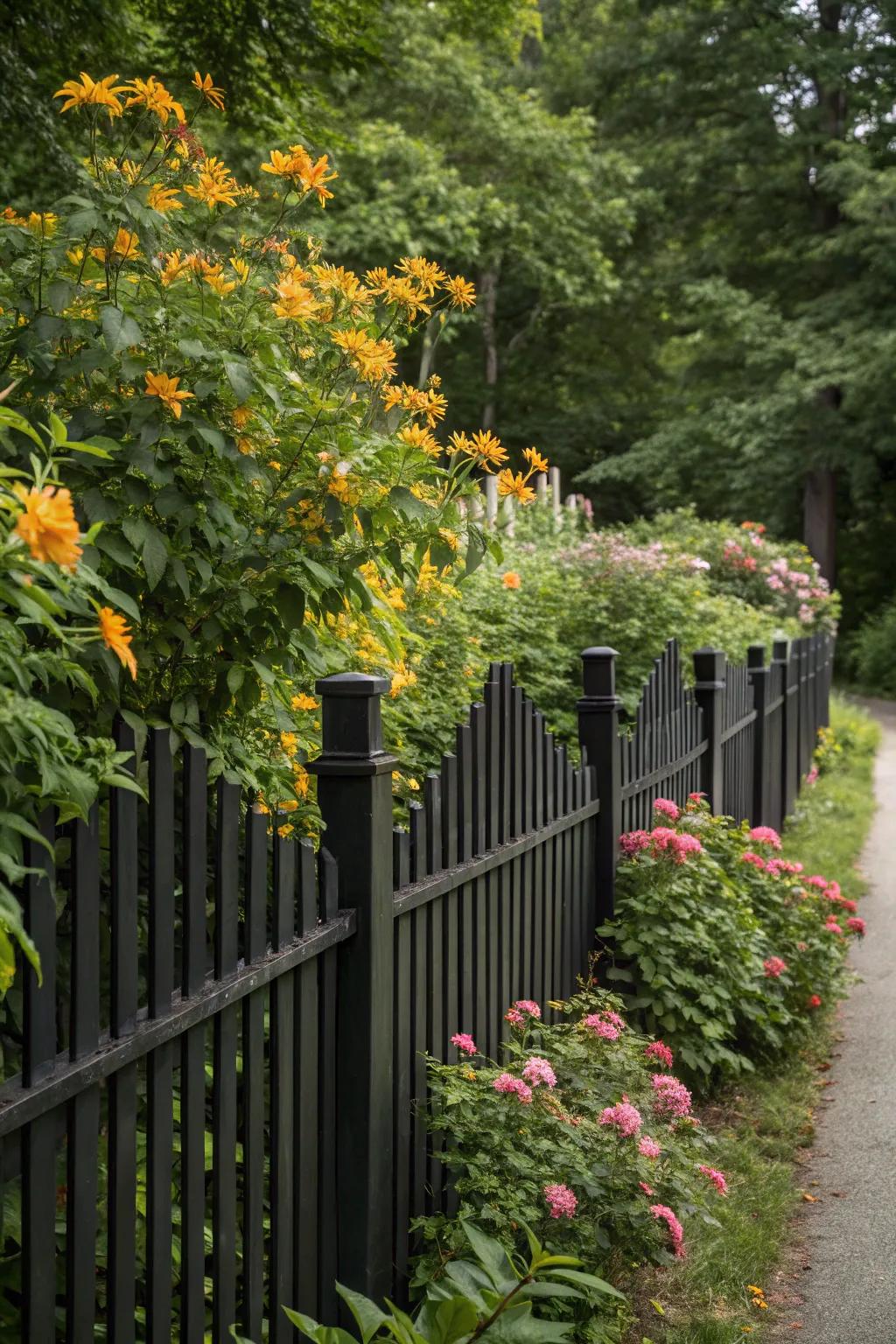 Vibrant greenery contrasts beautifully with a black fence.