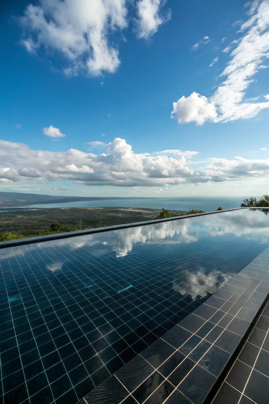 Infinity pools with black tiles create a mesmerizing, endless view.