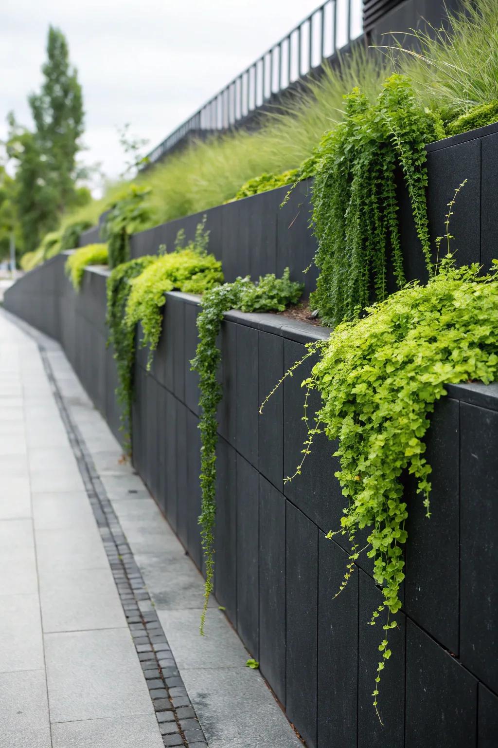 Lush greenery beautifully contrasts against a black wall.