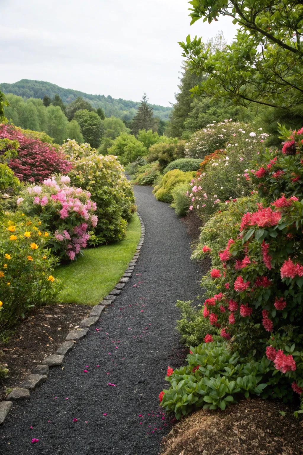 A charming pathway made with black rubber mulch.