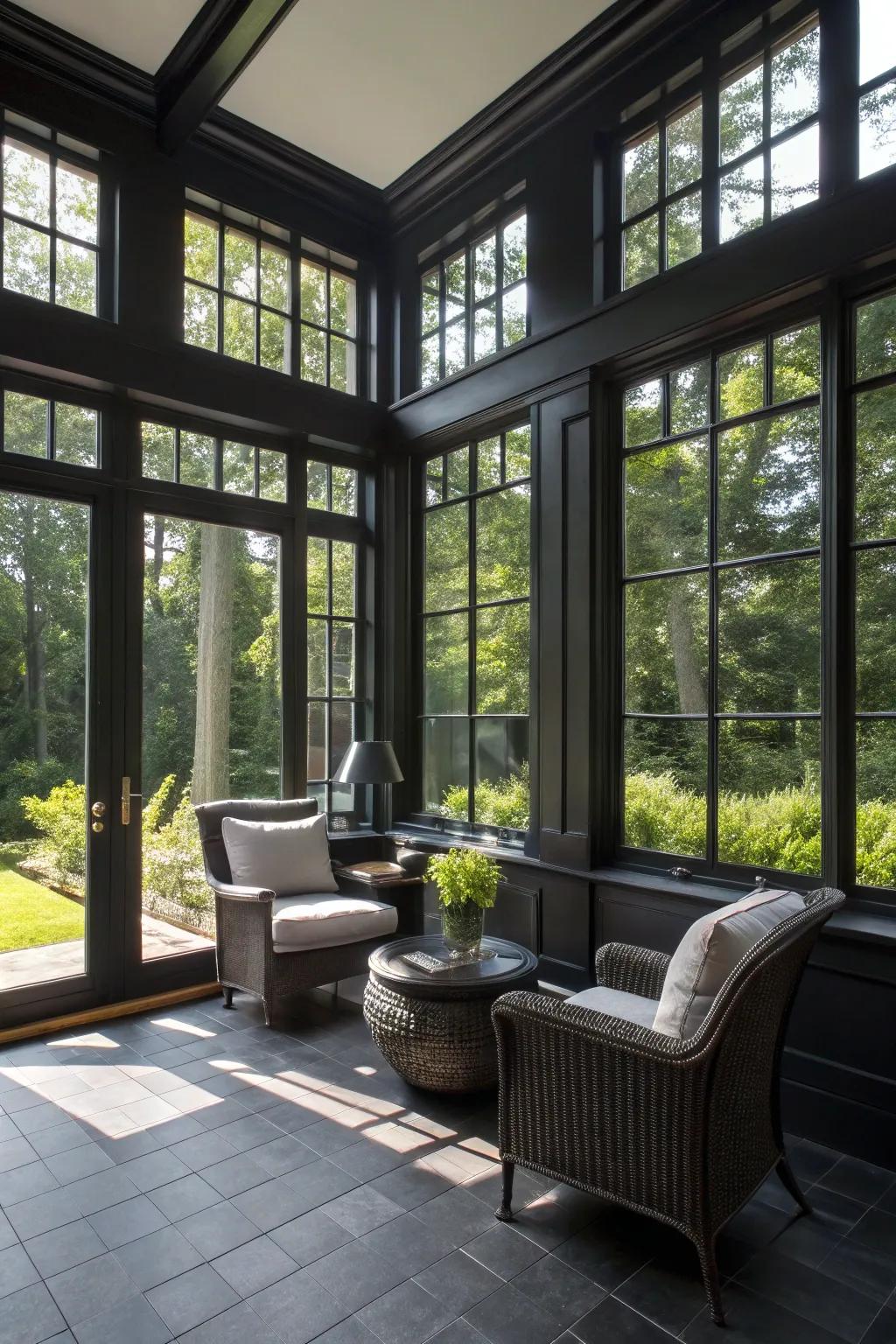 Embrace the beauty of natural light streaming through a well-designed black sunroom.