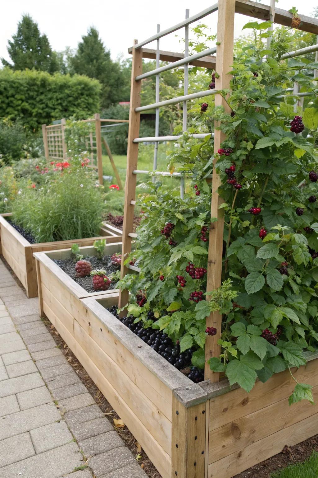 An integrated raised bed trellis system for thriving blackberry bushes.