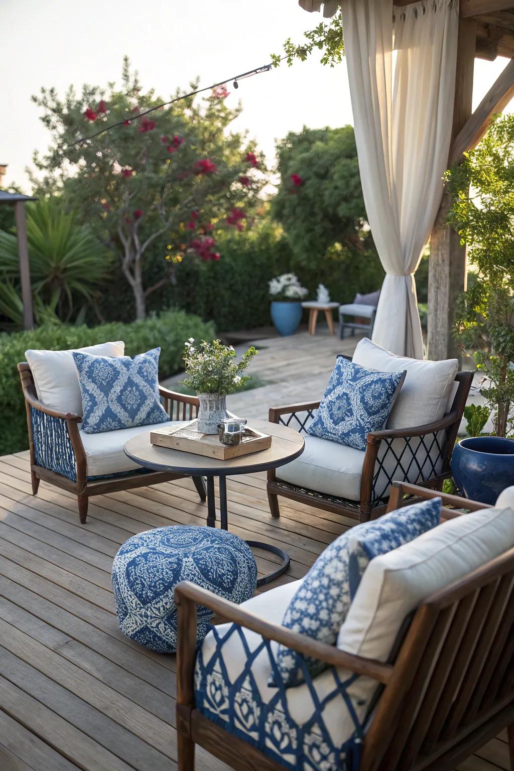 A cozy seating nook with blue and white accents