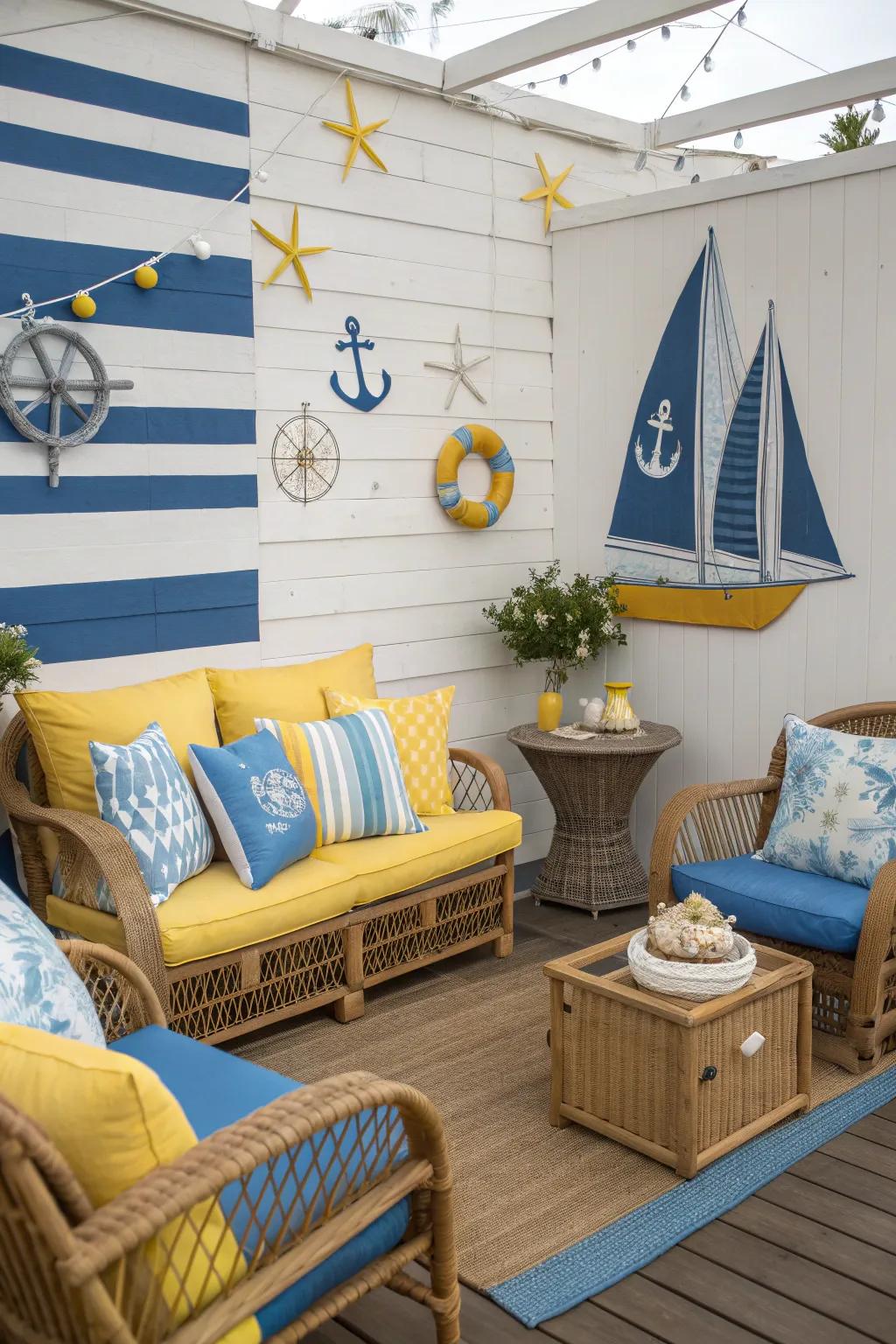 Nautical blue and yellow decor for a seaside vibe.