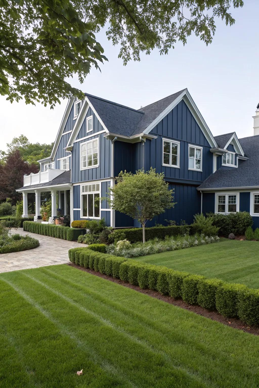 Contemporary elegance with a navy blue exterior and white trims.