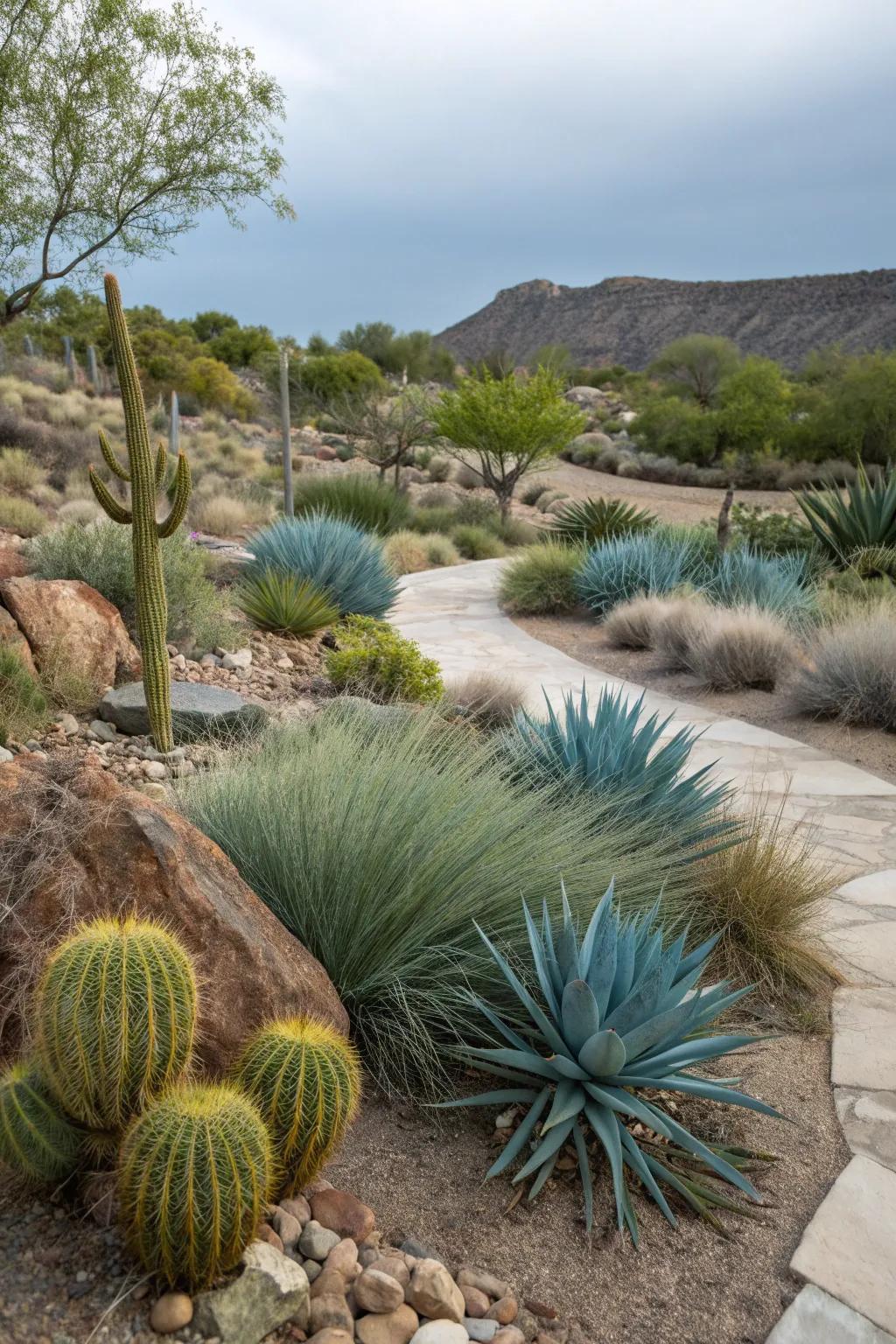 A water-wise xeriscape garden with blue fescue and drought-resistant plants.