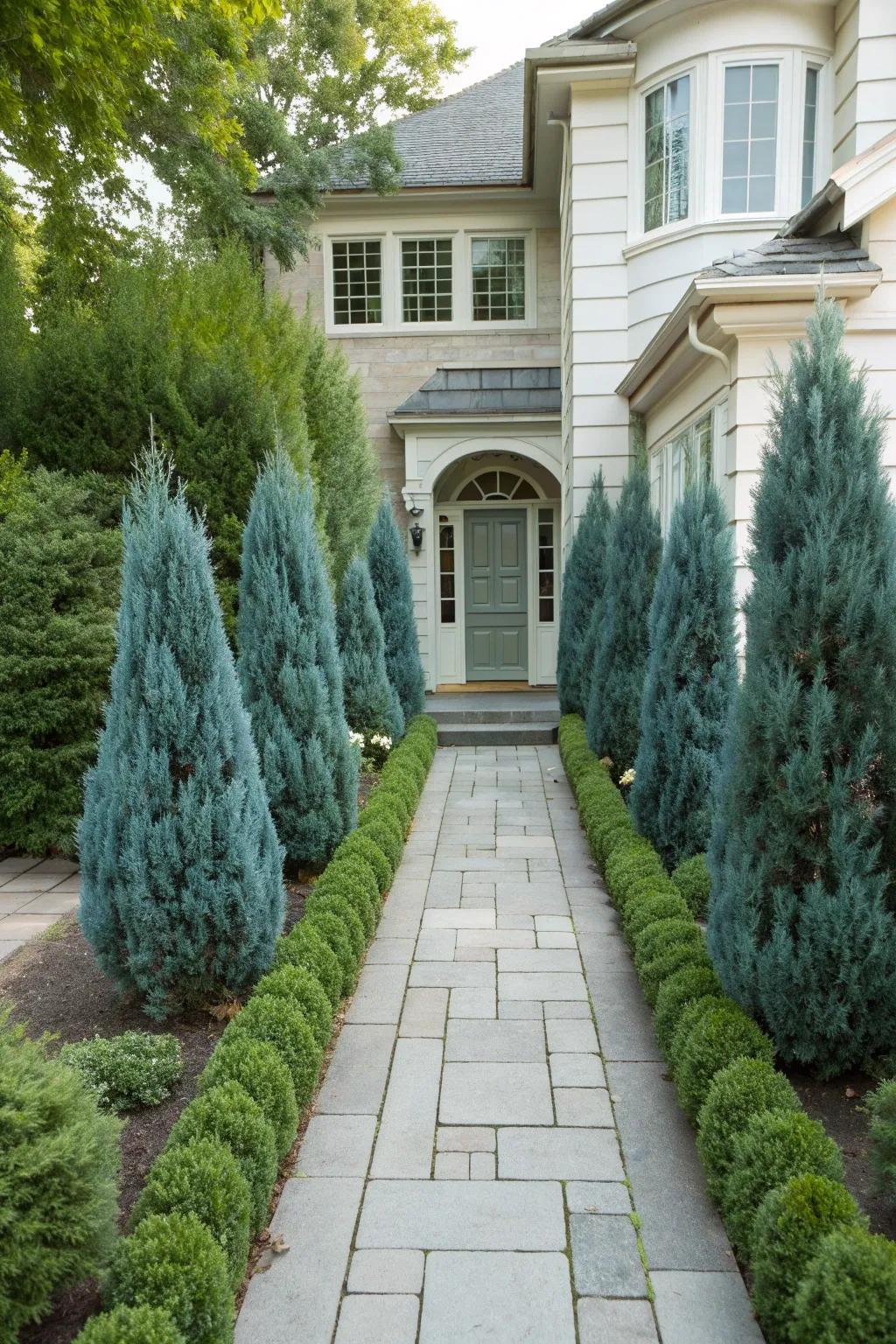 Create a grand entrance with Blue Point Junipers.