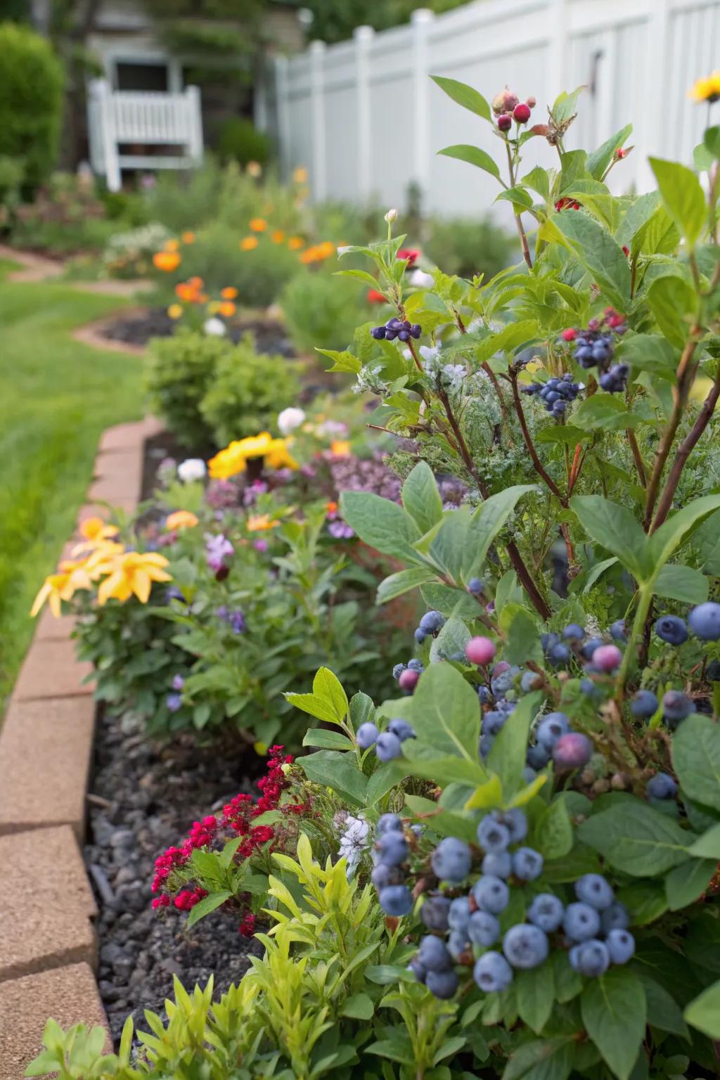 A stunning mix of blueberries and flowers in a decorative garden bed.