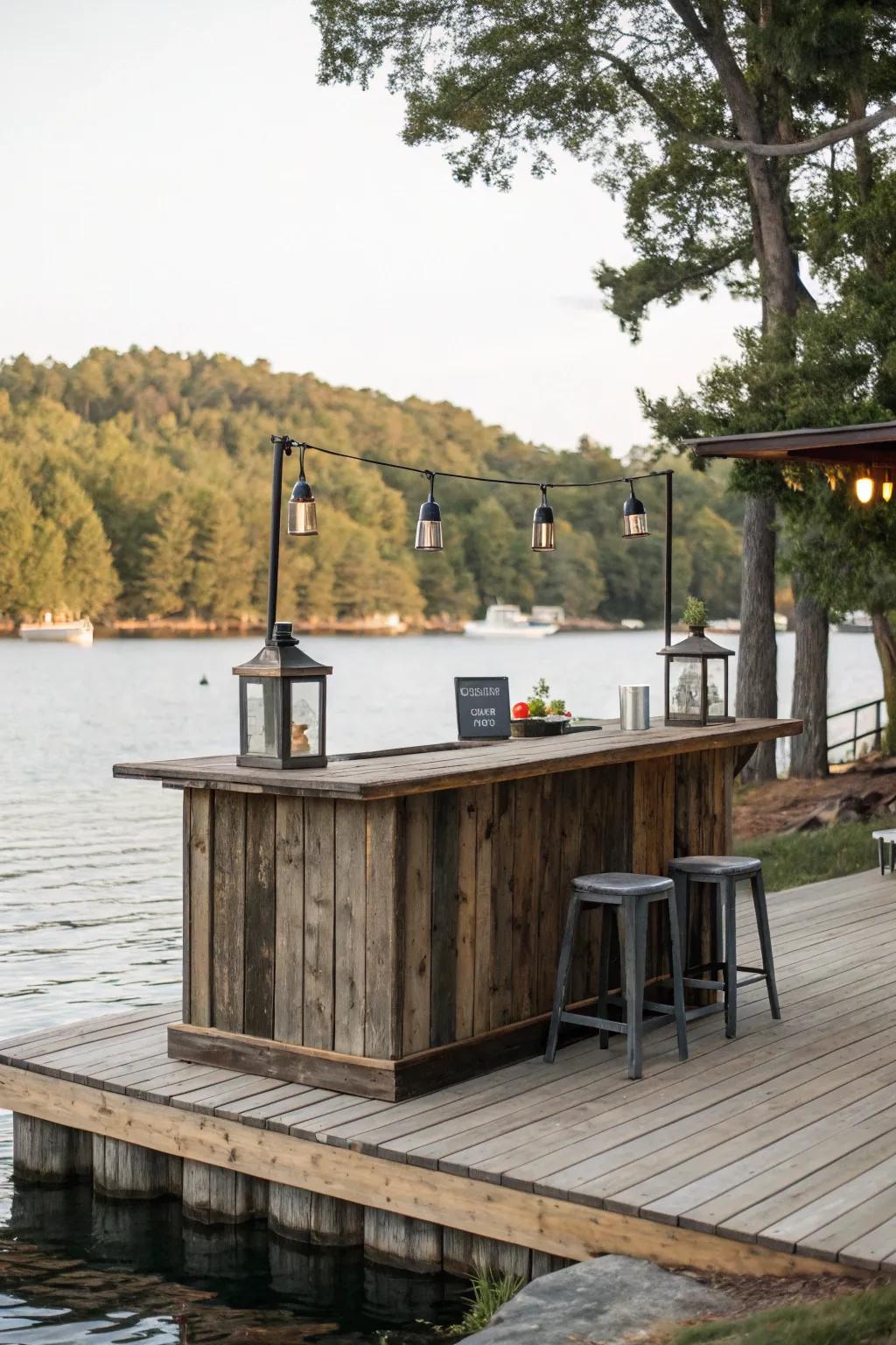 Rustic wood elements give this dock bar a cozy feel.