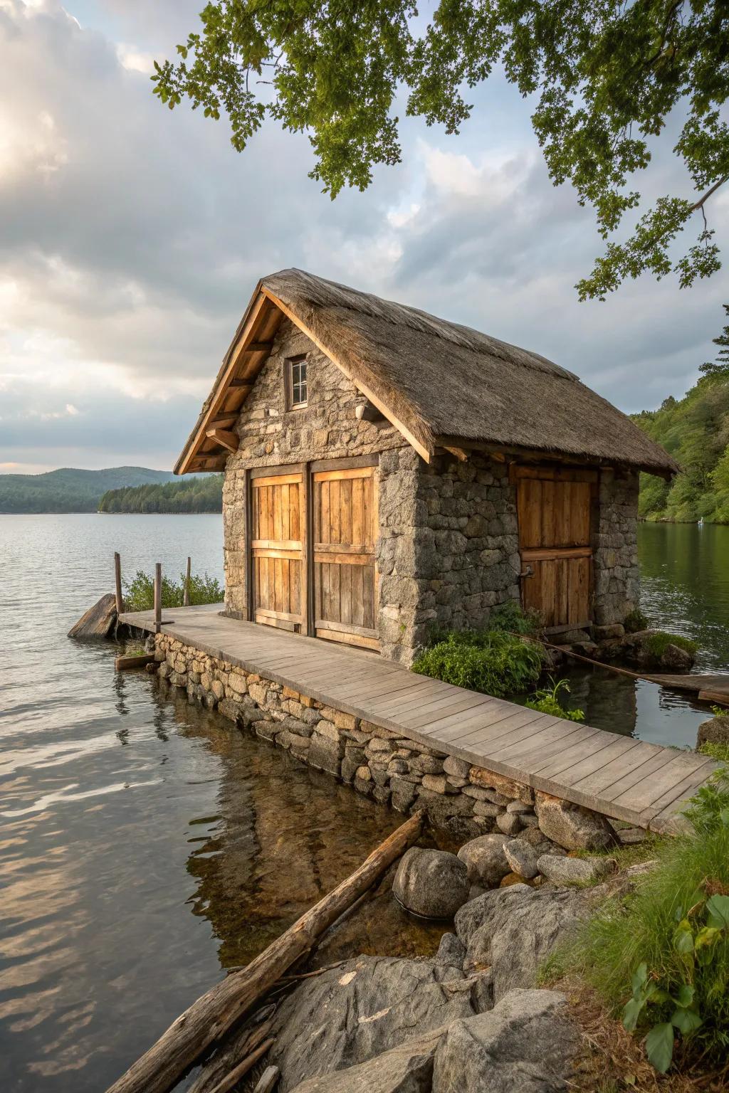 A rustic boat house crafted from reclaimed wood and natural stone.