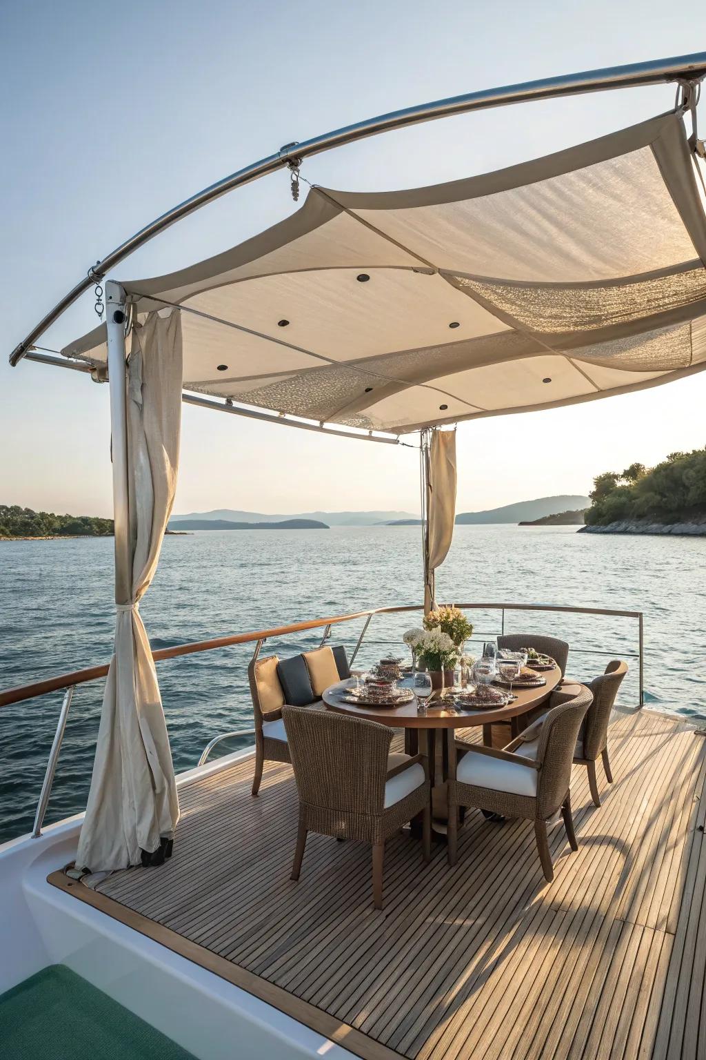 A chic canopy adds both style and shade to your boating experience.