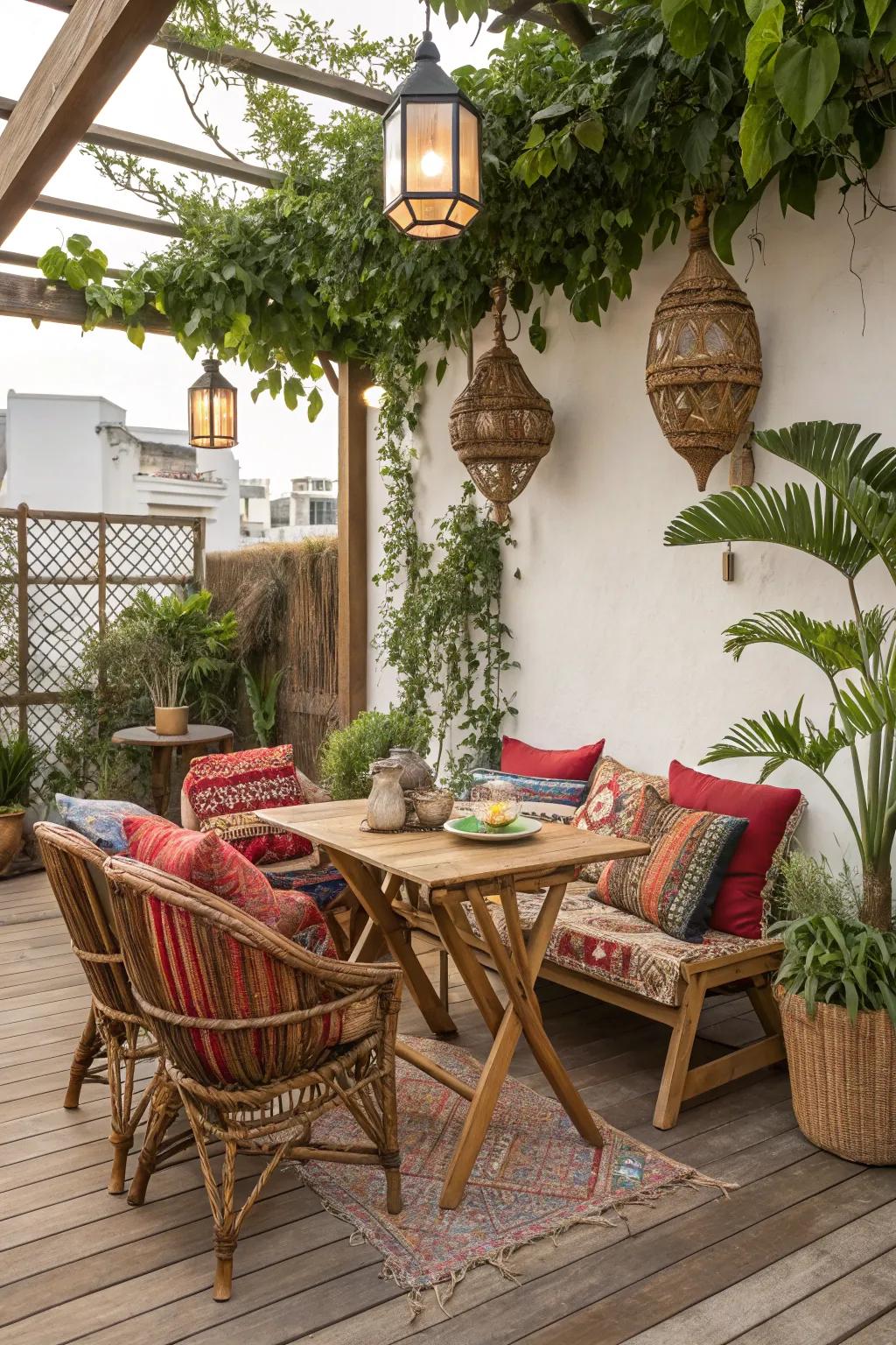 Natural materials like wood and wicker add a grounded feel to your patio.