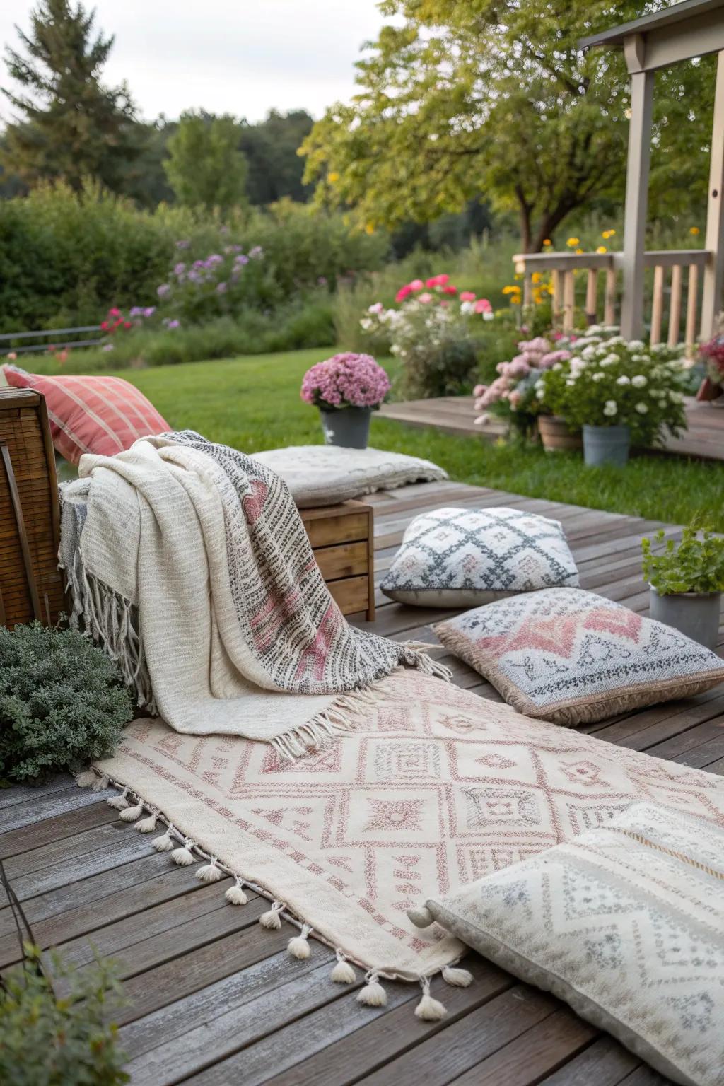 Layered textiles bring warmth and texture to your boho backyard.