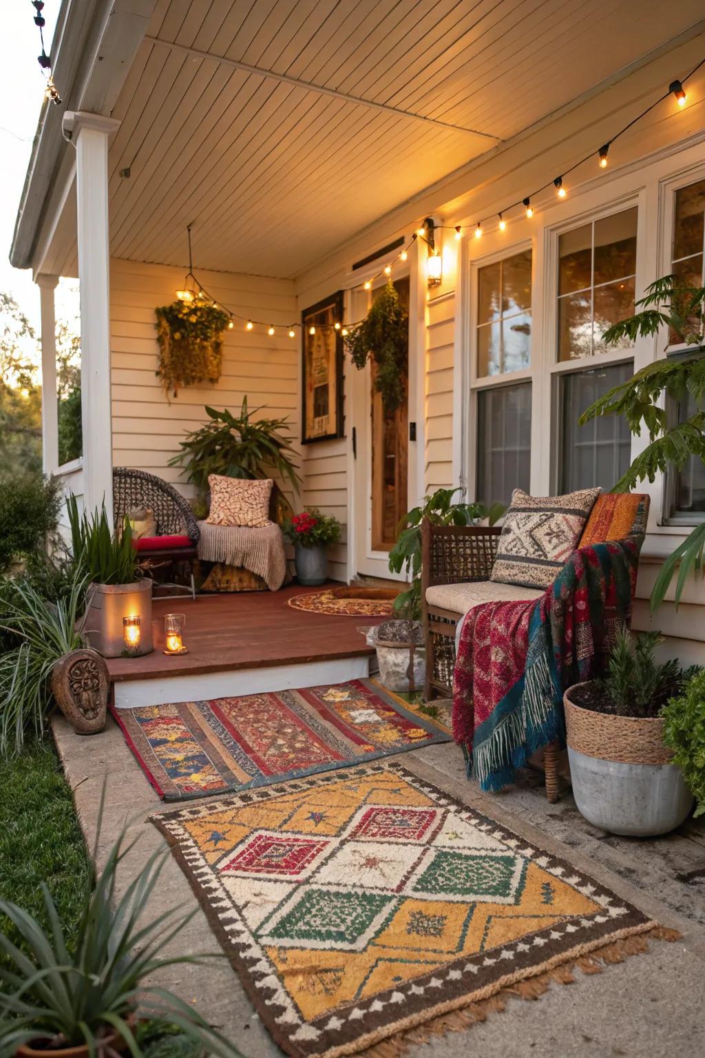 Layered rugs add texture and warmth to your boho porch.