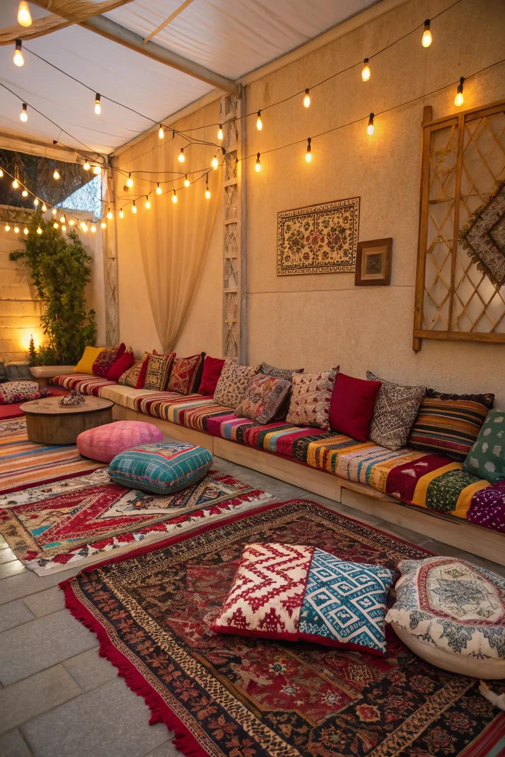 Layered textiles add color and warmth to your boho seating area.