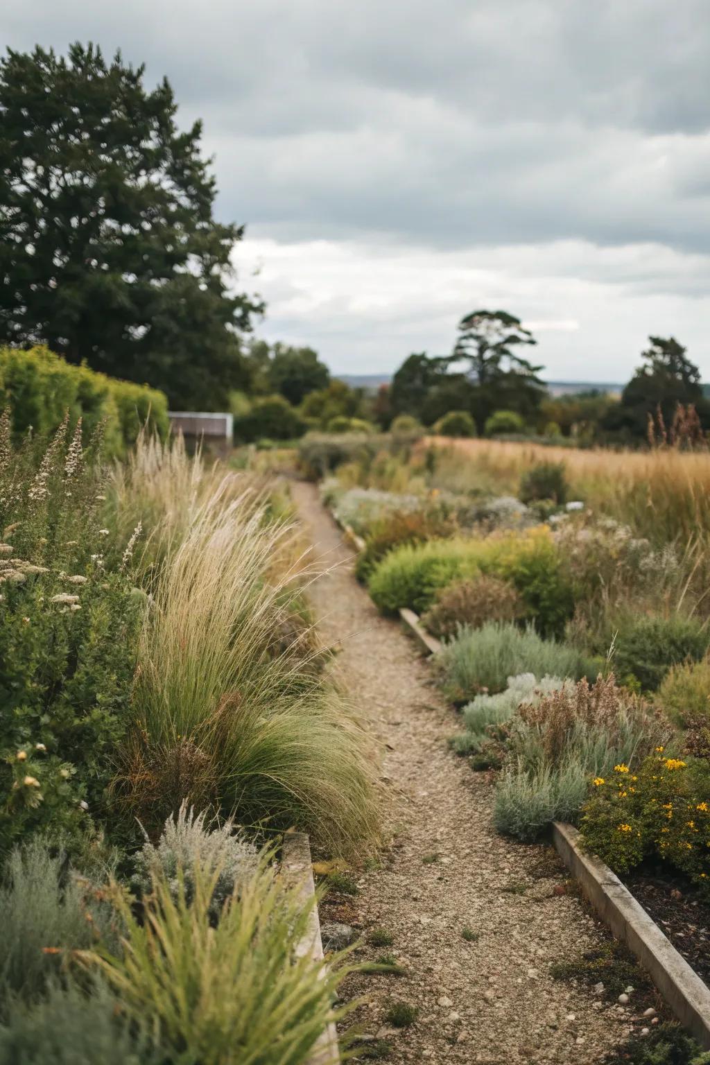 A diverse mix of plant types adds texture to the garden border.
