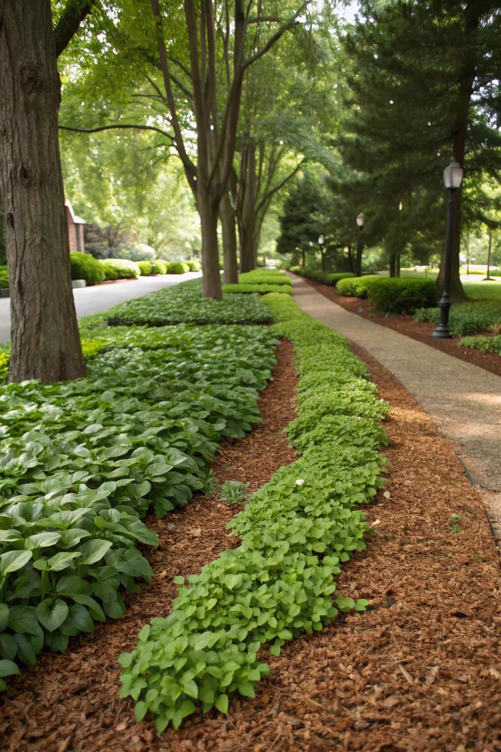 Ground cover plants and mulch create a lush, low-maintenance boulevard.