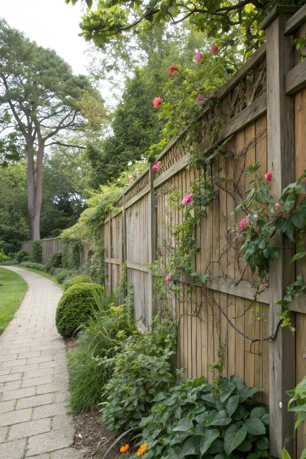 A boundary fence beautifully integrated with garden greenery.