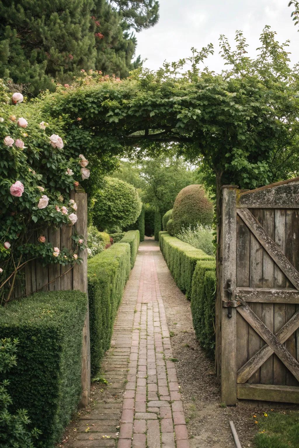 Boxwood hedges lining a charming garden pathway.