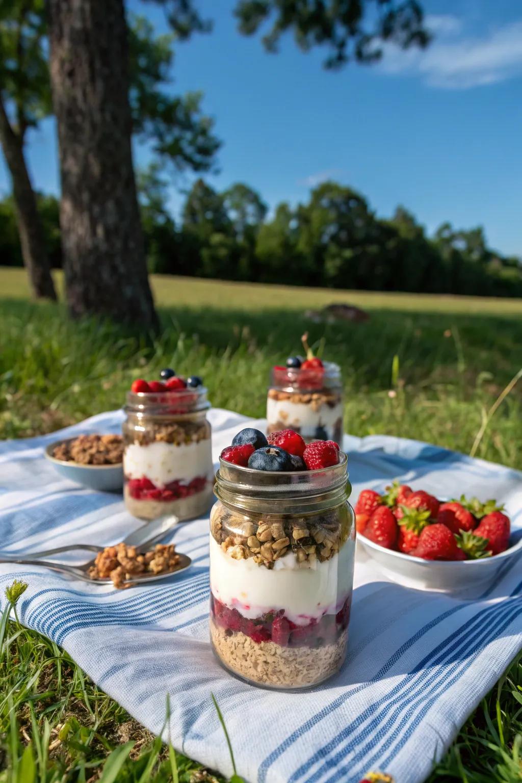 Delicious yogurt parfaits, perfect for a nutritious breakfast outdoors.