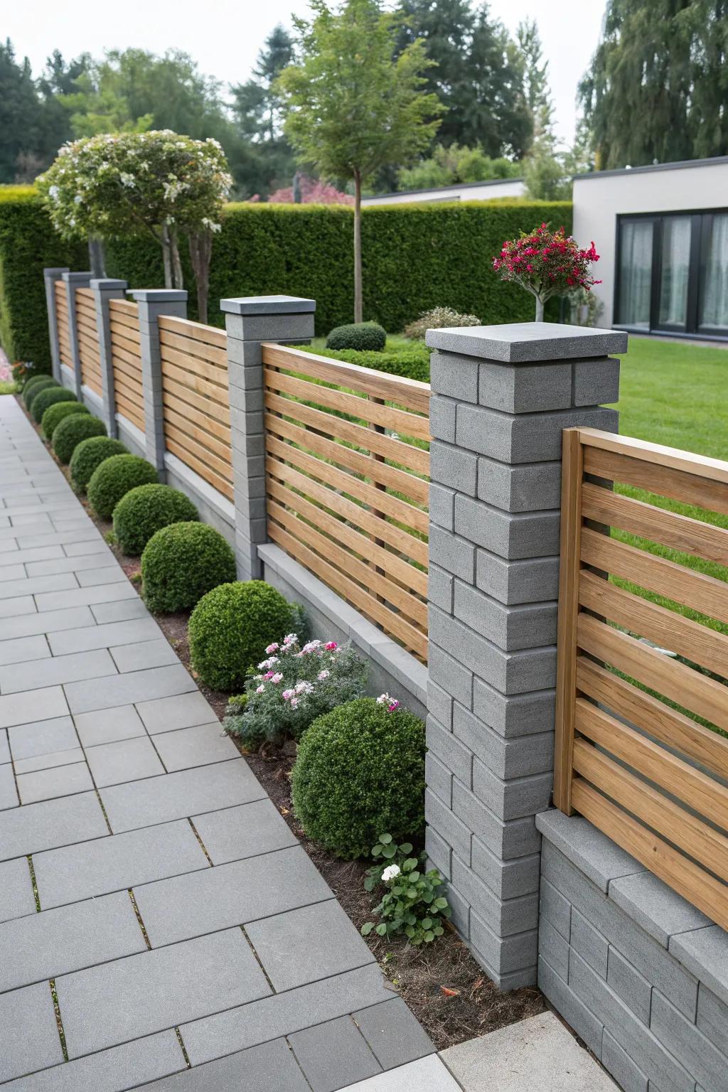 A sleek and modern fence design using gray bricks and wood