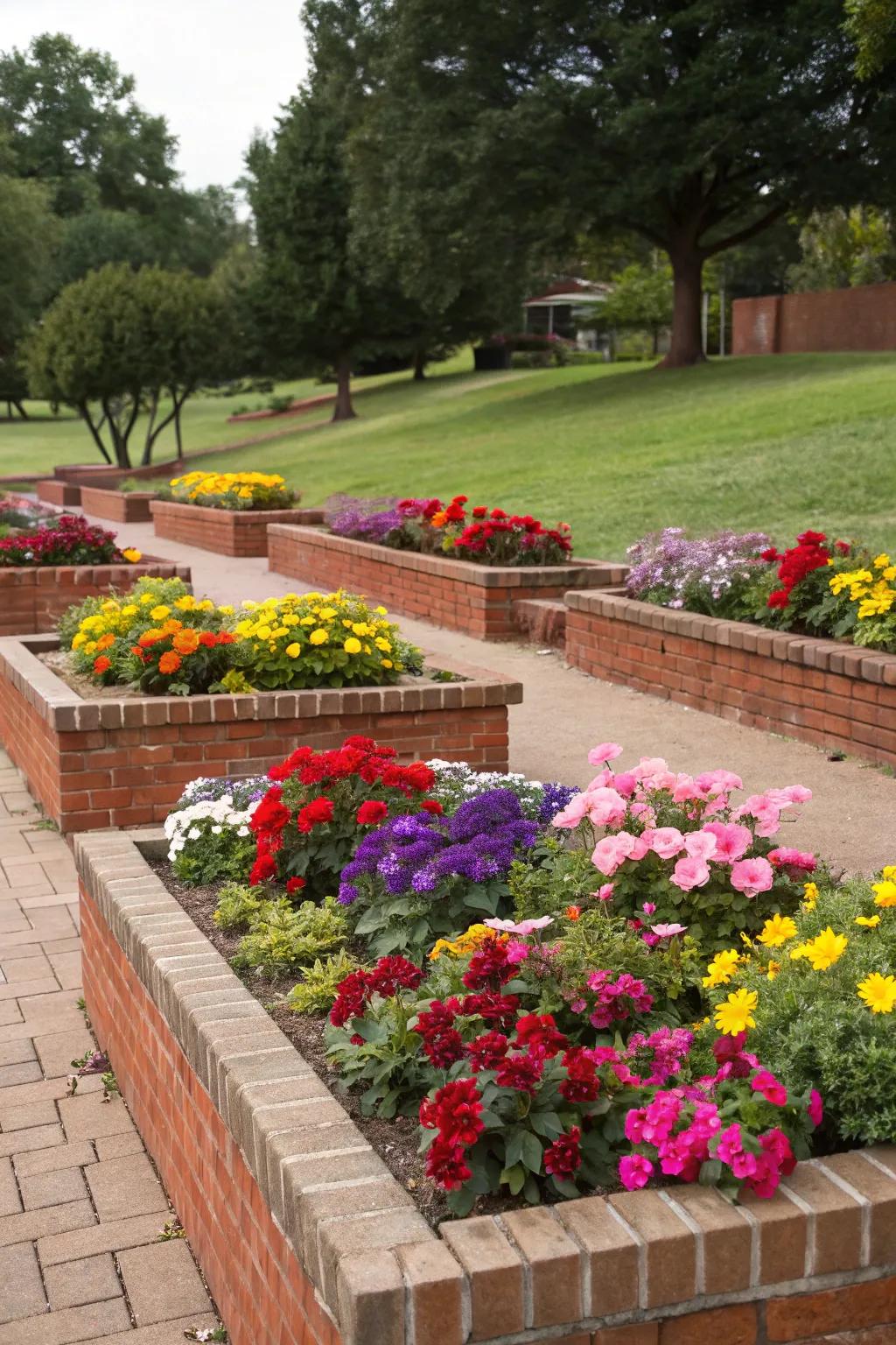 Raised brick beds bring plants closer to eye level.