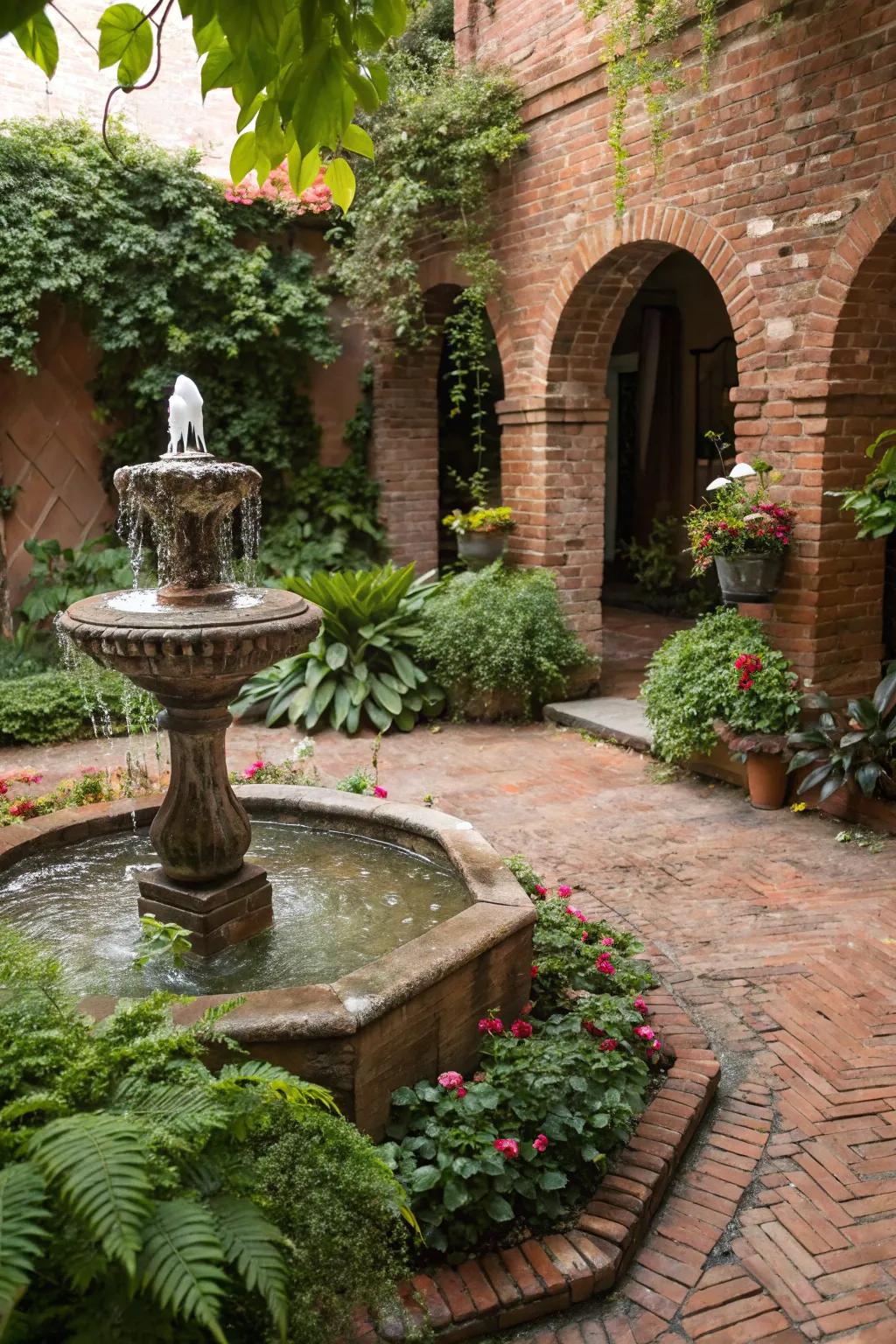 A small water fountain adding serenity to a brick courtyard.